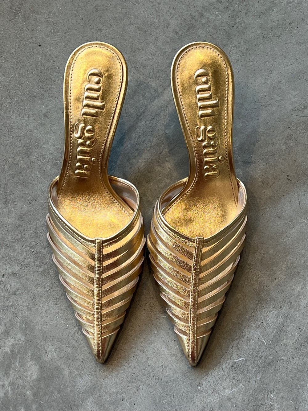 cult gaia Metallic Gold Strappy Pointed Mules